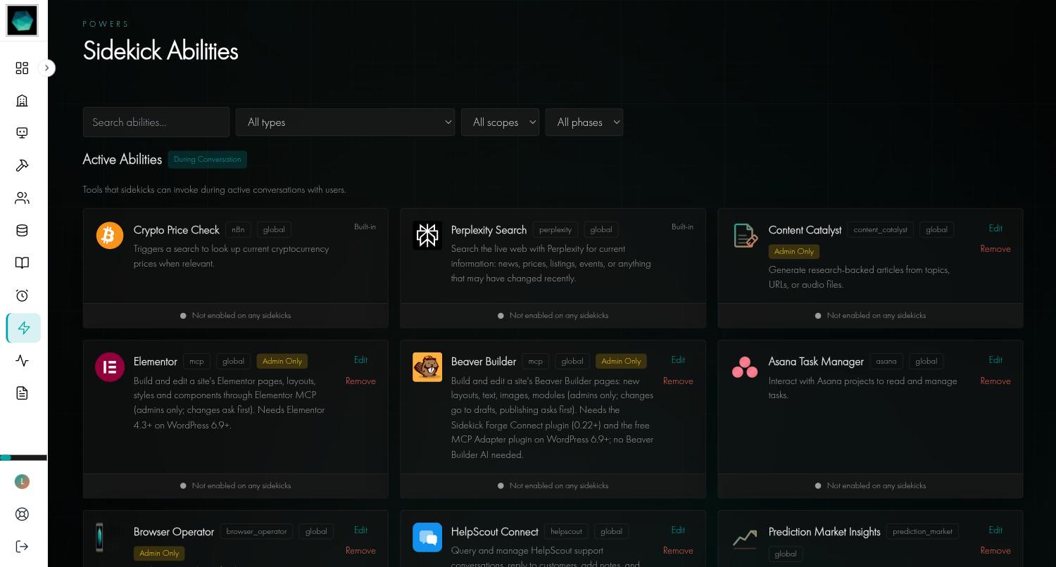 The Sidekick Abilities page with search and filters, listing Active Abilities such as Perplexity Search, Content Catalyst, Elementor, Beaver Builder and Asana