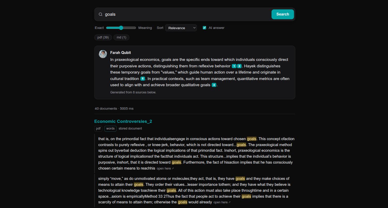 A public search page: a search box with an Exact to Meaning slider, a short answer from the sidekick with numbered references, and matching documents with highlighted passages