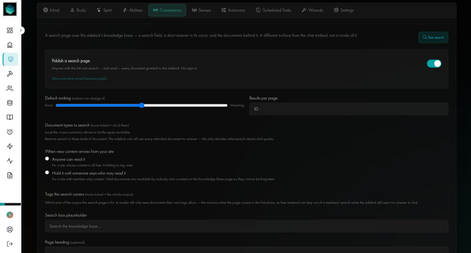 The AI Search card with the Publish a search page toggle, the Exact to Meaning ranking slider, results per page, and the new-content default options