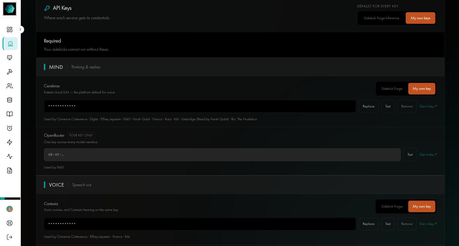 The API Keys section: a default switch between Sidekick Forge Inference and My own keys, then Required providers grouped by Mind and Voice, each with its own switch and Replace, Test, Remove and Get a key buttons