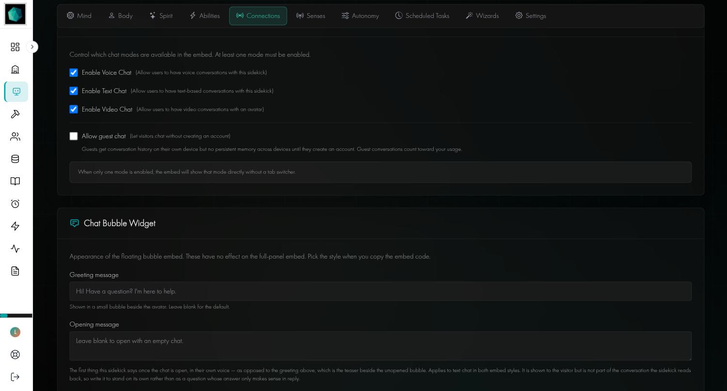 Chat Mode Settings with voice, text and video checkboxes, the Allow guest chat option, and the start of the Chat Bubble Widget settings