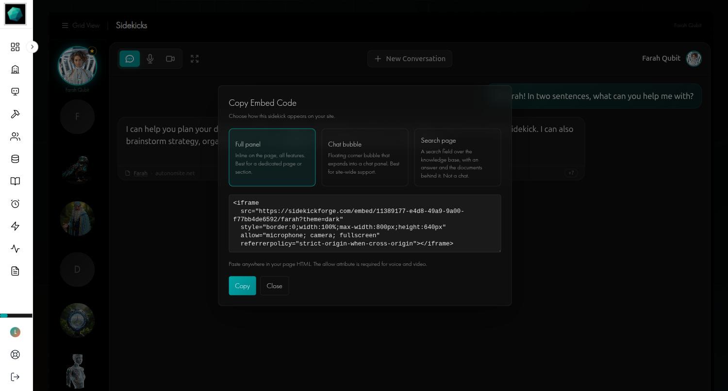 The Copy Embed Code window with three style choices: Full panel, Chat bubble and Search page, and the iframe snippet below