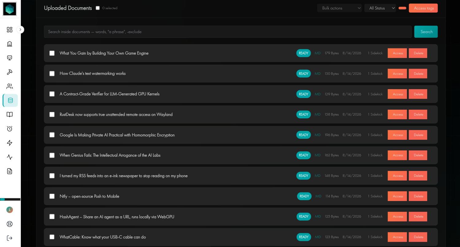 The Uploaded Documents list with a search box, bulk actions, a status filter, Access tags, and rows showing status, type, size, date, number of sidekicks, Access and Delete