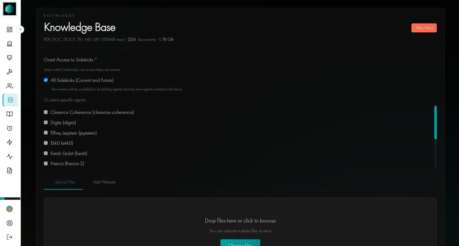 The Knowledge Base page with the Grant Access to Sidekicks list, All Sidekicks ticked, and the Upload Files and Add Website tabs above a drop zone