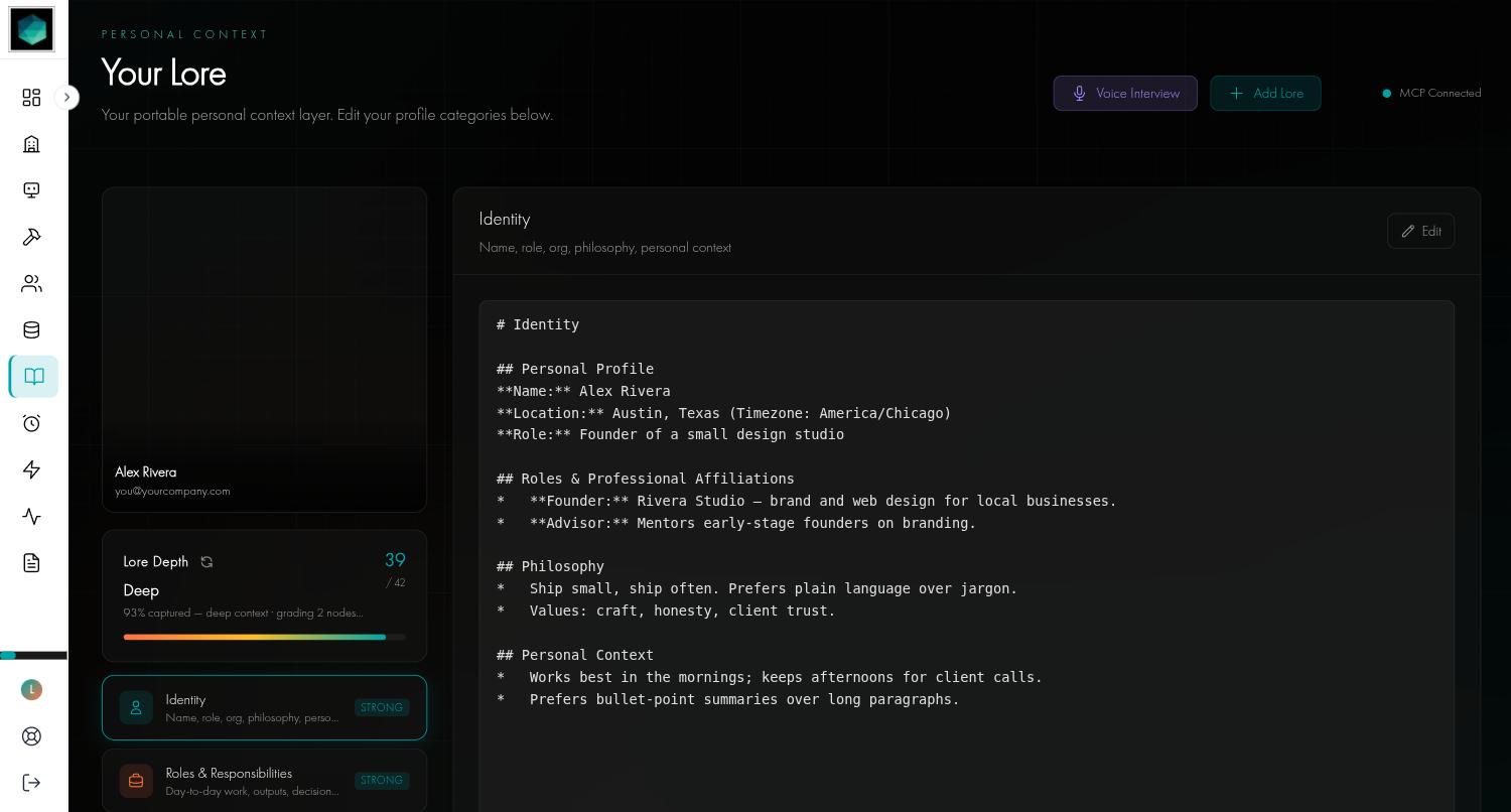 The Your Lore page with a profile card, a Lore Depth score of 39 out of 42, the category list on the left and the Identity category open in an editor