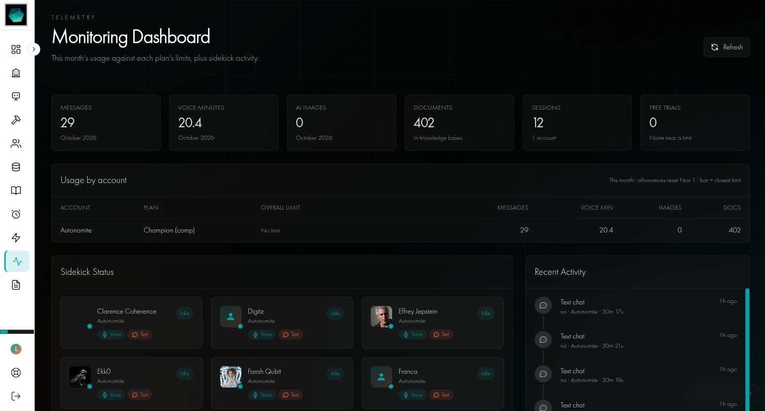 The Monitoring Dashboard, with six usage cards, a Usage by account table, a Sidekick Status grid and a Recent Activity list