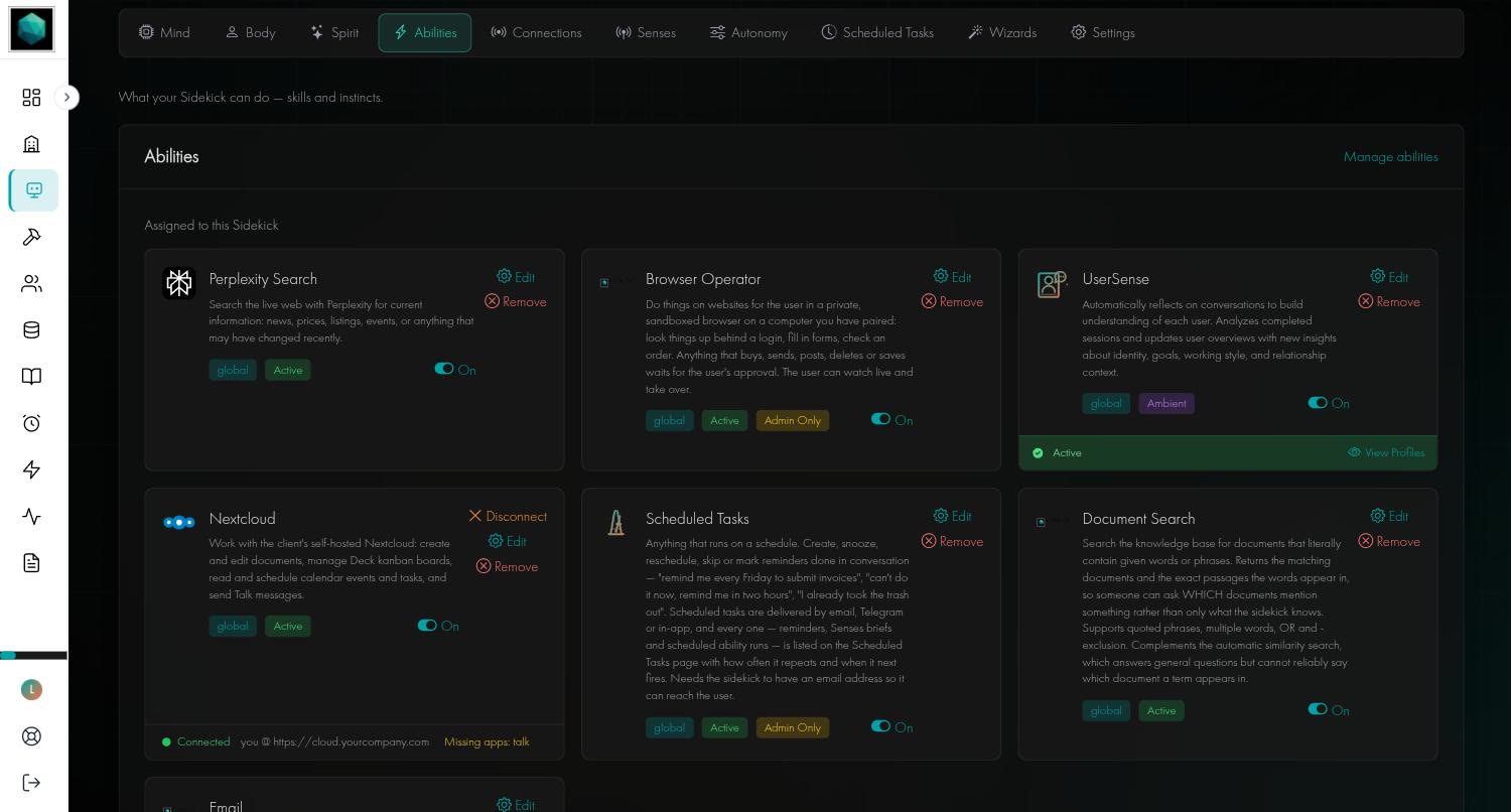 The Abilities tab of a sidekick showing ability cards such as Perplexity Search, Browser Operator, UserSense, Nextcloud, Scheduled Tasks and Document Search, each with Edit, Remove and an On switch