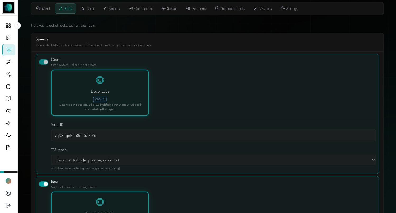 The Body tab showing the Speech section with an ElevenLabs cloud voice, a Voice ID and a TTS model, and a Local voice below