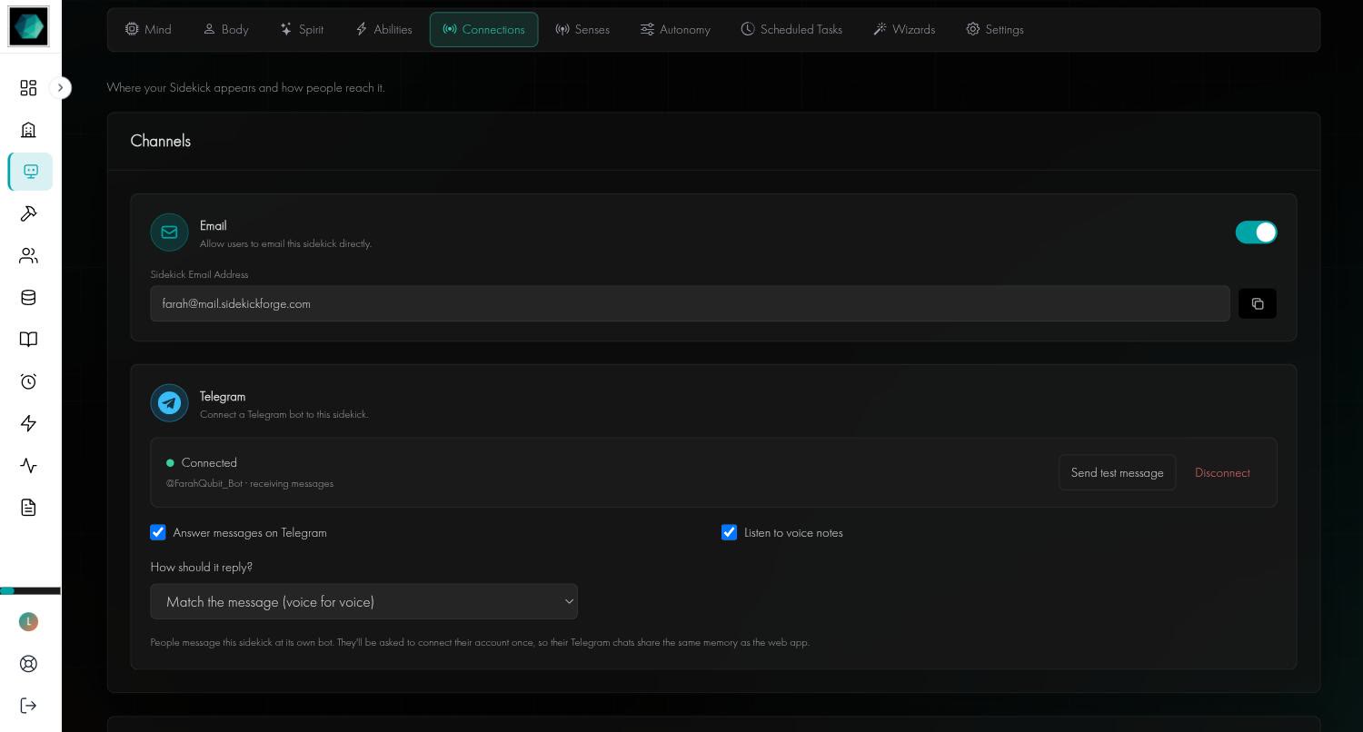 The Channels section with the Email toggle and the sidekick's email address, and a connected Telegram bot
