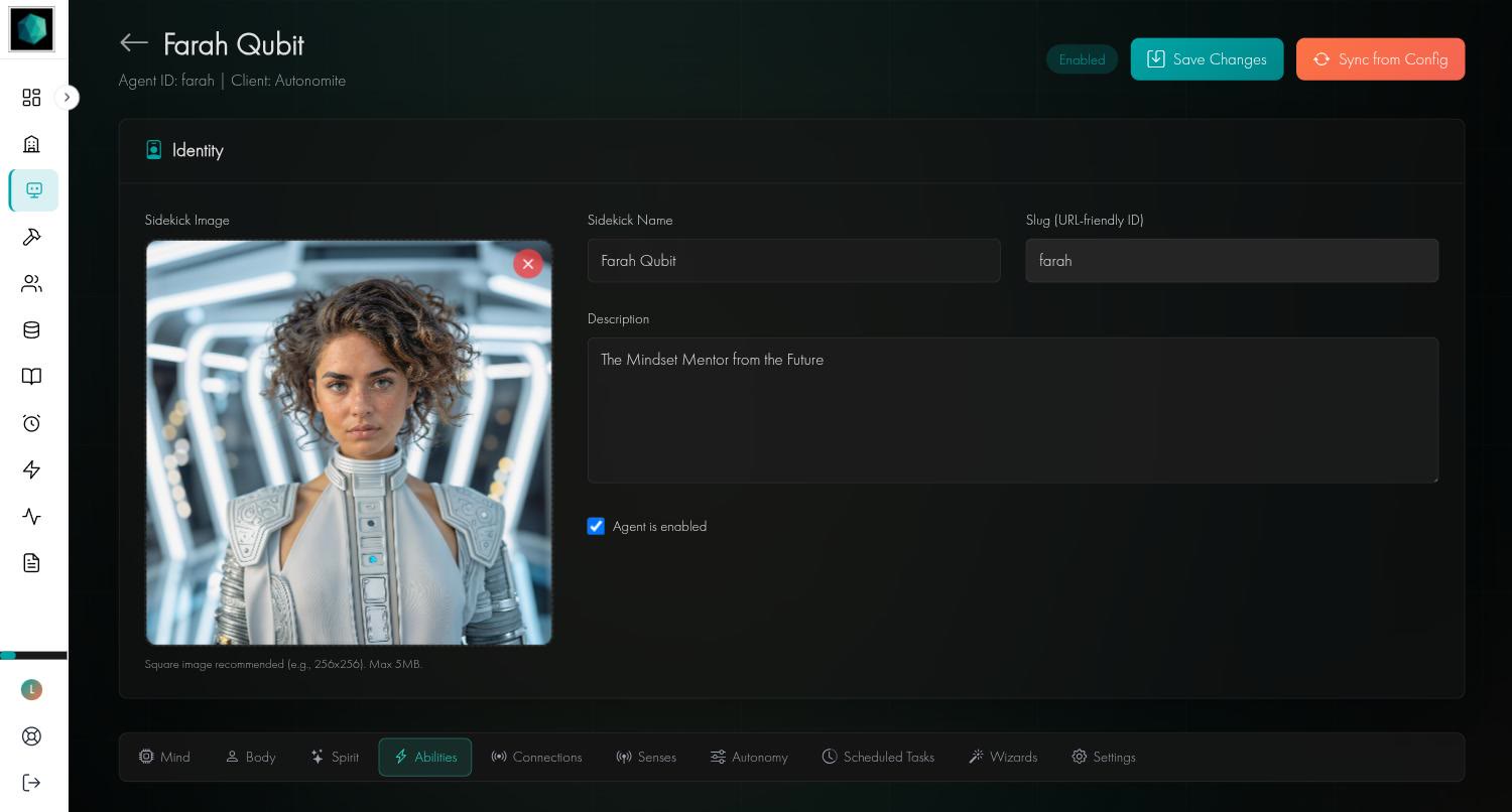 The Identity card with the sidekick image, name, slug, description and the Agent is enabled checkbox