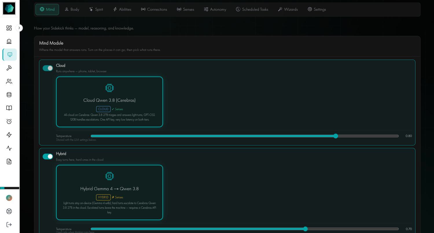 The Mind tab showing the Mind Module with Cloud and Hybrid places, each with a chosen module and a temperature slider