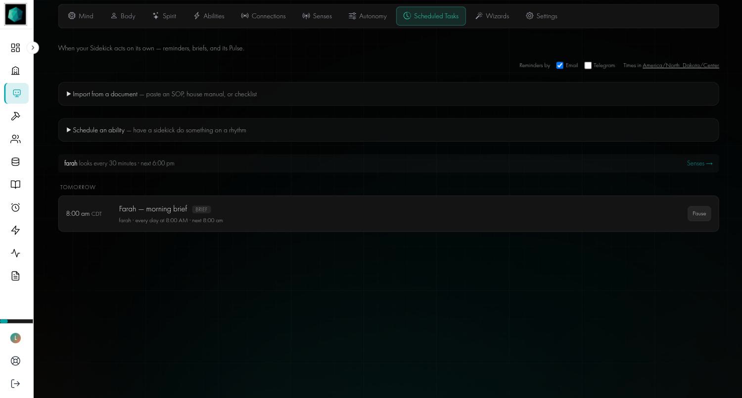 The Scheduled Tasks tab, showing delivery channels, import and schedule-an-ability panels, the Pulse line and a daily morning brief