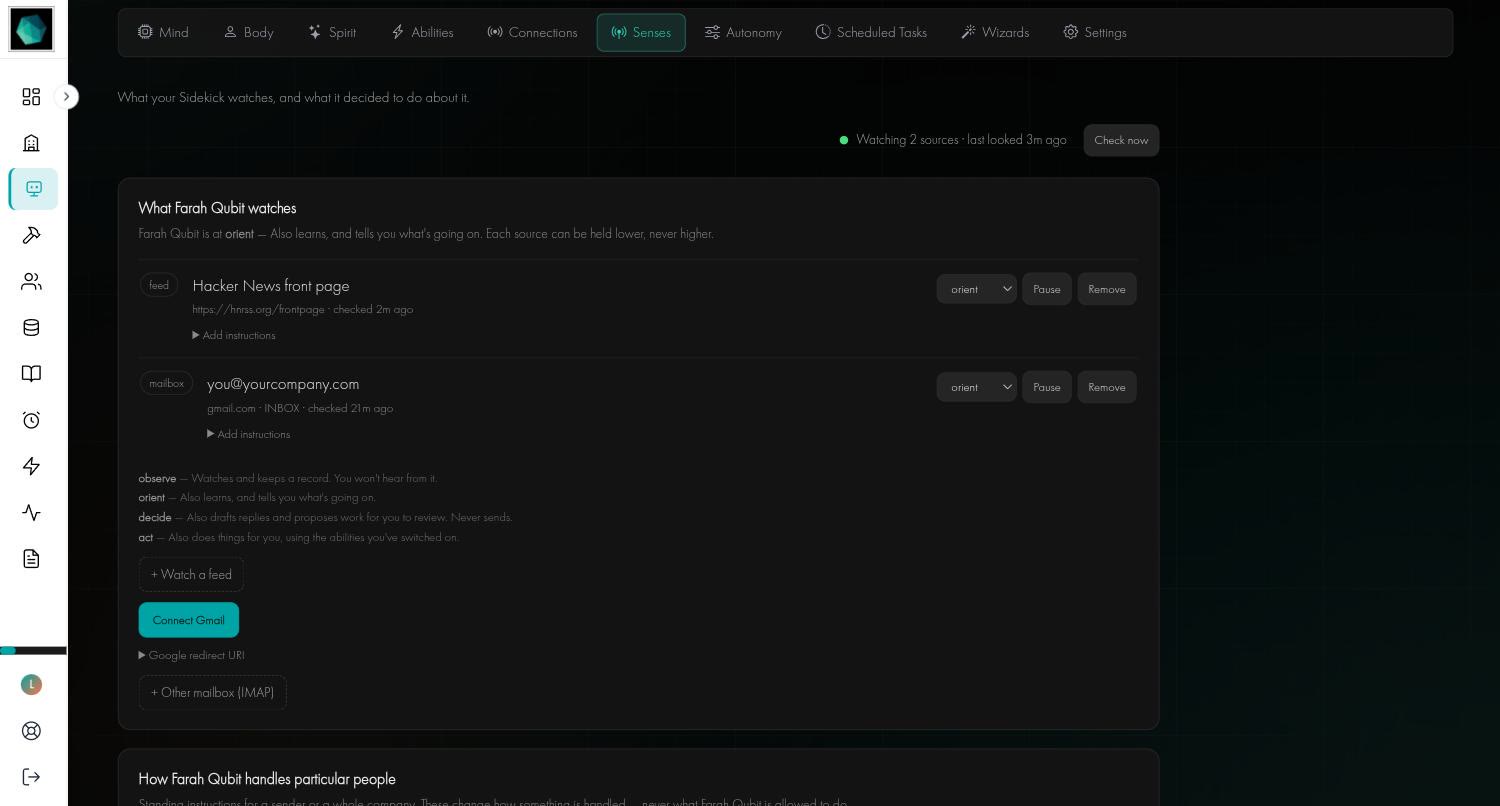 The Senses tab, showing a news feed and a Gmail inbox being watched at the orient level, with buttons to watch a feed, connect Gmail or add another mailbox