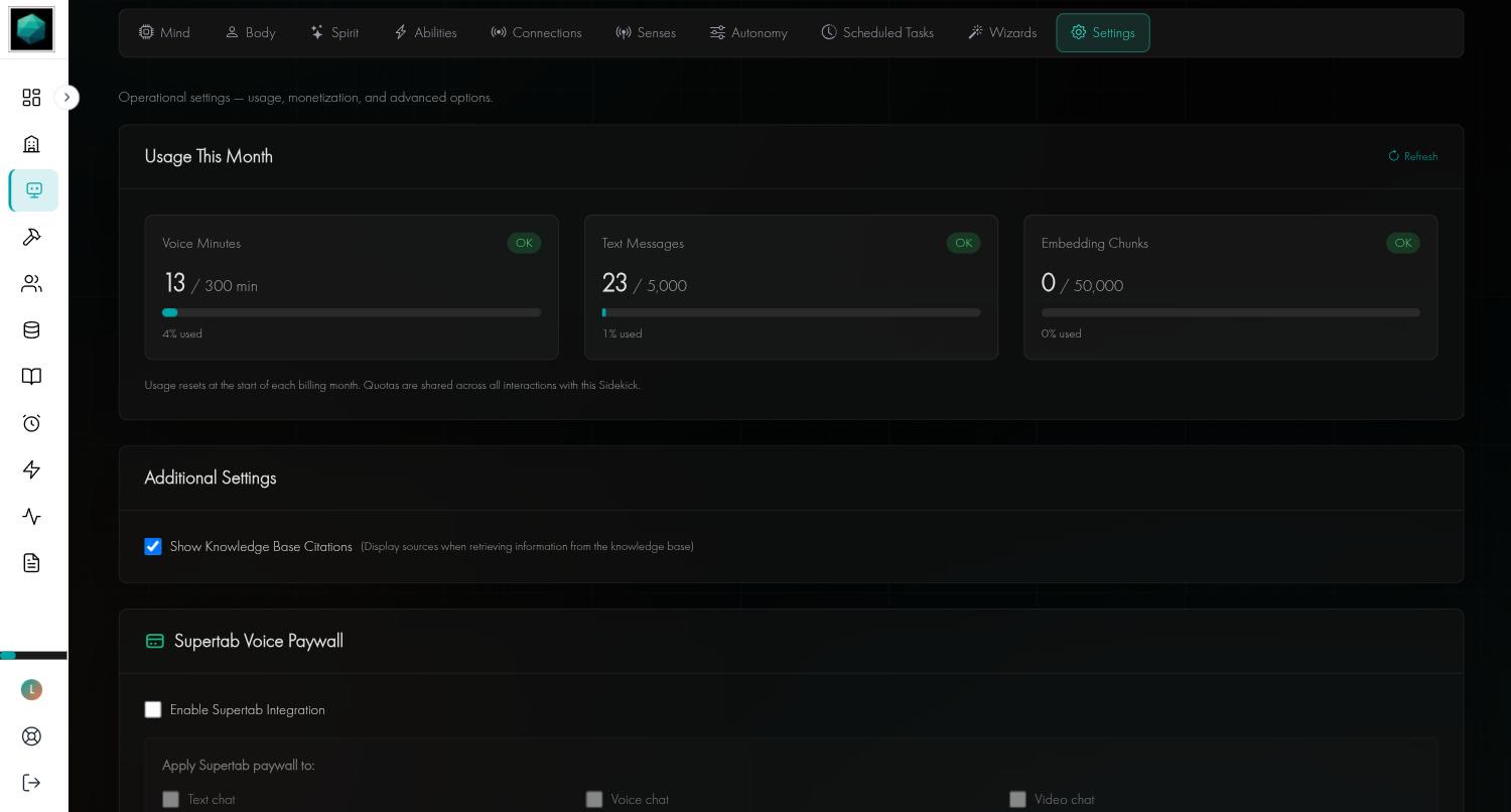 The Settings tab of a sidekick, showing Usage This Month with voice minutes, text messages and embedding chunks