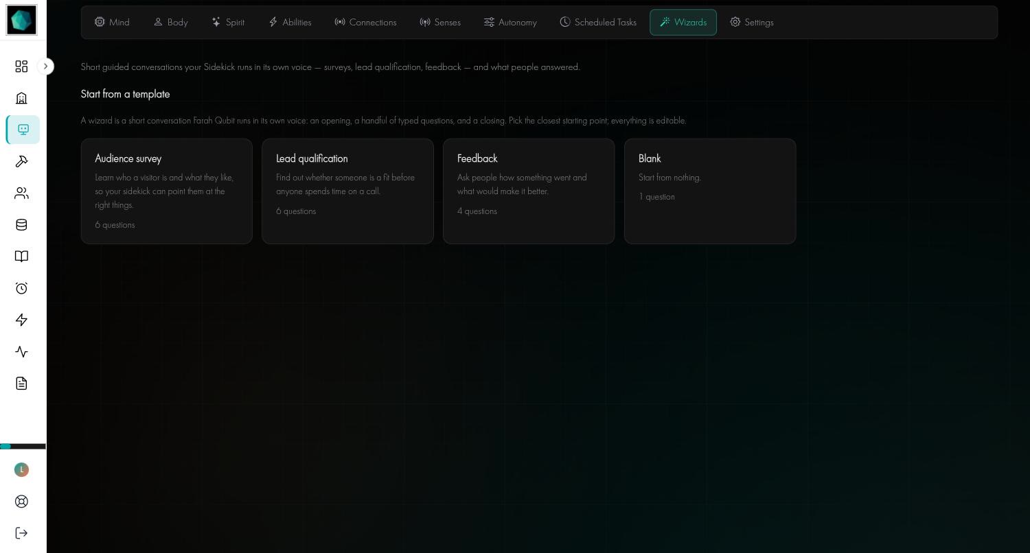 The Wizards tab with four templates: Audience survey, Lead qualification, Feedback and Blank
