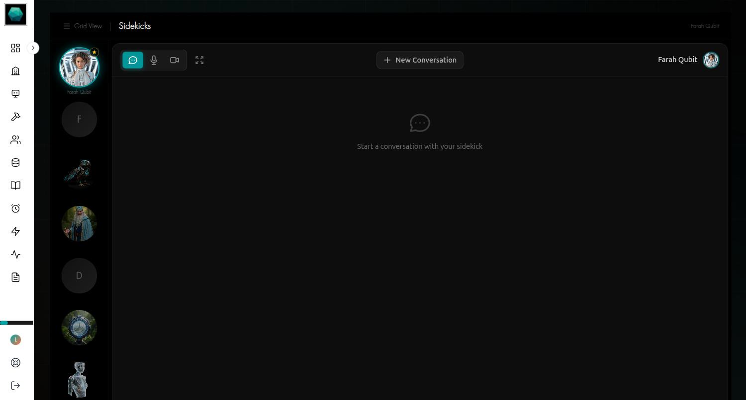 The Sidekicks page with the admin sidebar, a column of sidekick avatars and an empty chat panel
