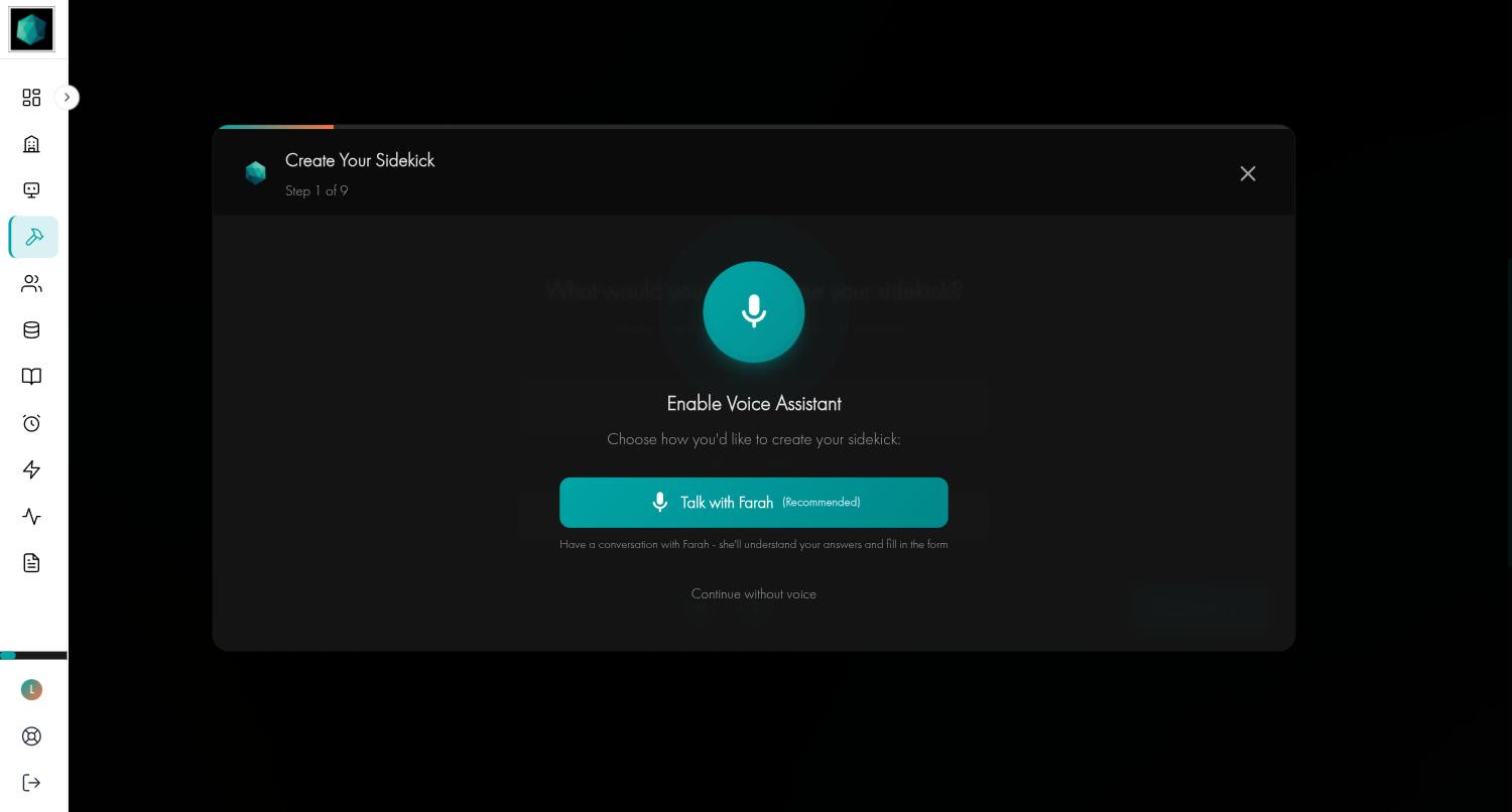 Create Your Sidekick, step 1 of 9, offering Talk with Farah or Continue without voice